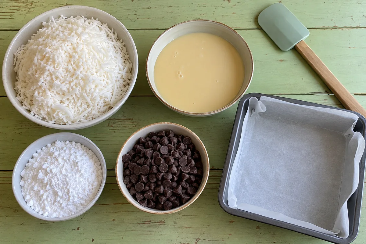 No Bake Chocolate Coconut Bars – ingredients with shredded coconut, sweetened condensed milk, powdered sugar and chocolate chips