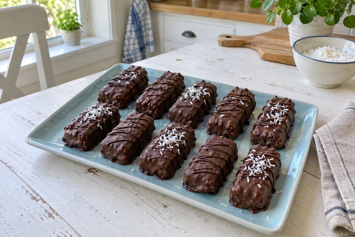 No Bake Chocolate Coconut Bars – chocolate-dipped coconut bars with chocolate drizzle lined up on a light ceramic platter