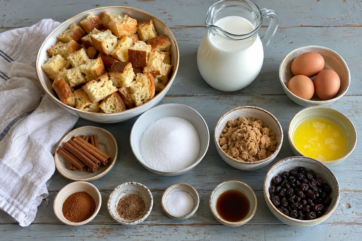 Old-Fashioned Bread Pudding – ingredients with day-old bread, milk, eggs, white sugar, brown sugar, butter, spices and raisins