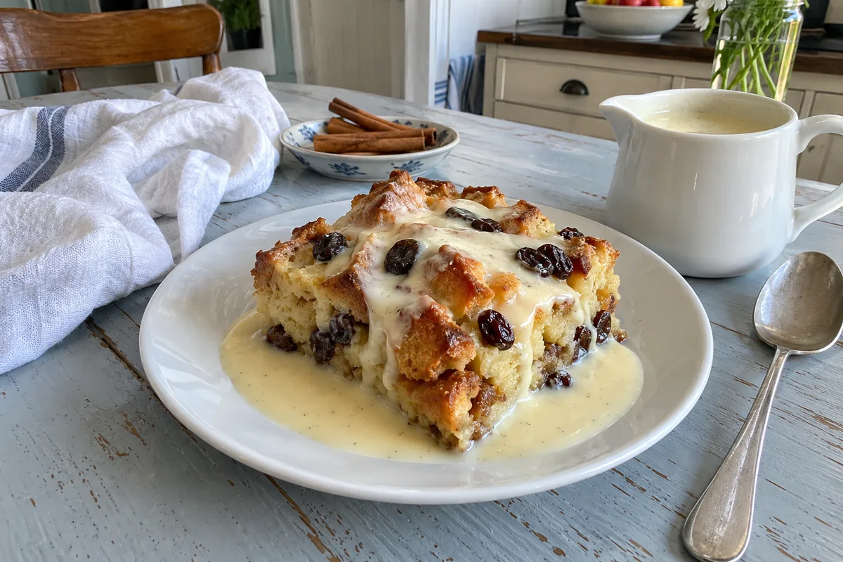 Old-Fashioned Bread Pudding – a warm square topped with creamy vanilla sauce on a small plate