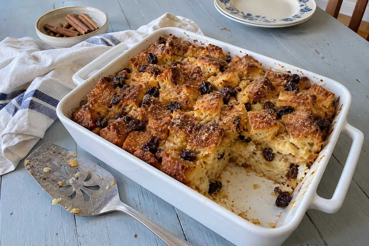 Old-Fashioned Bread Pudding – golden baked raisin bread pudding with a caramelized cinnamon sugar top in a white baking dish