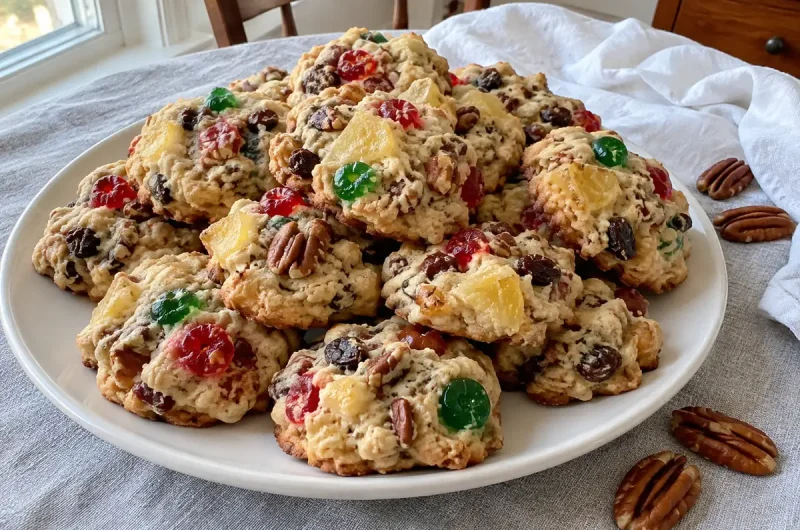 Old-Fashioned Fruitcake Cookies – soft chewy drop cookies loaded with red and green candied cherries, pineapple, raisins and pecans