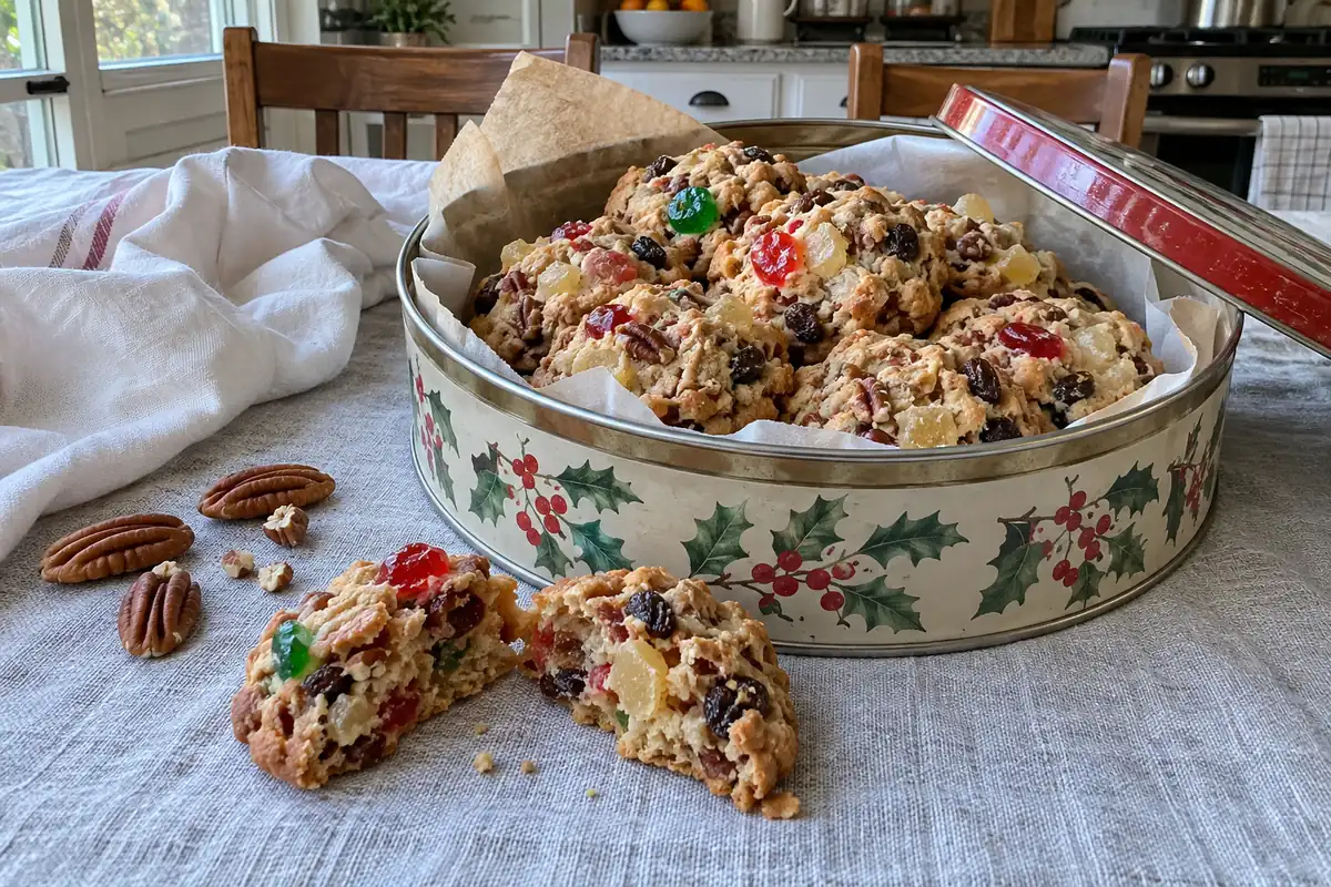 Old-Fashioned Fruitcake Cookies – cookies packed in a holiday gift tin lined with parchment