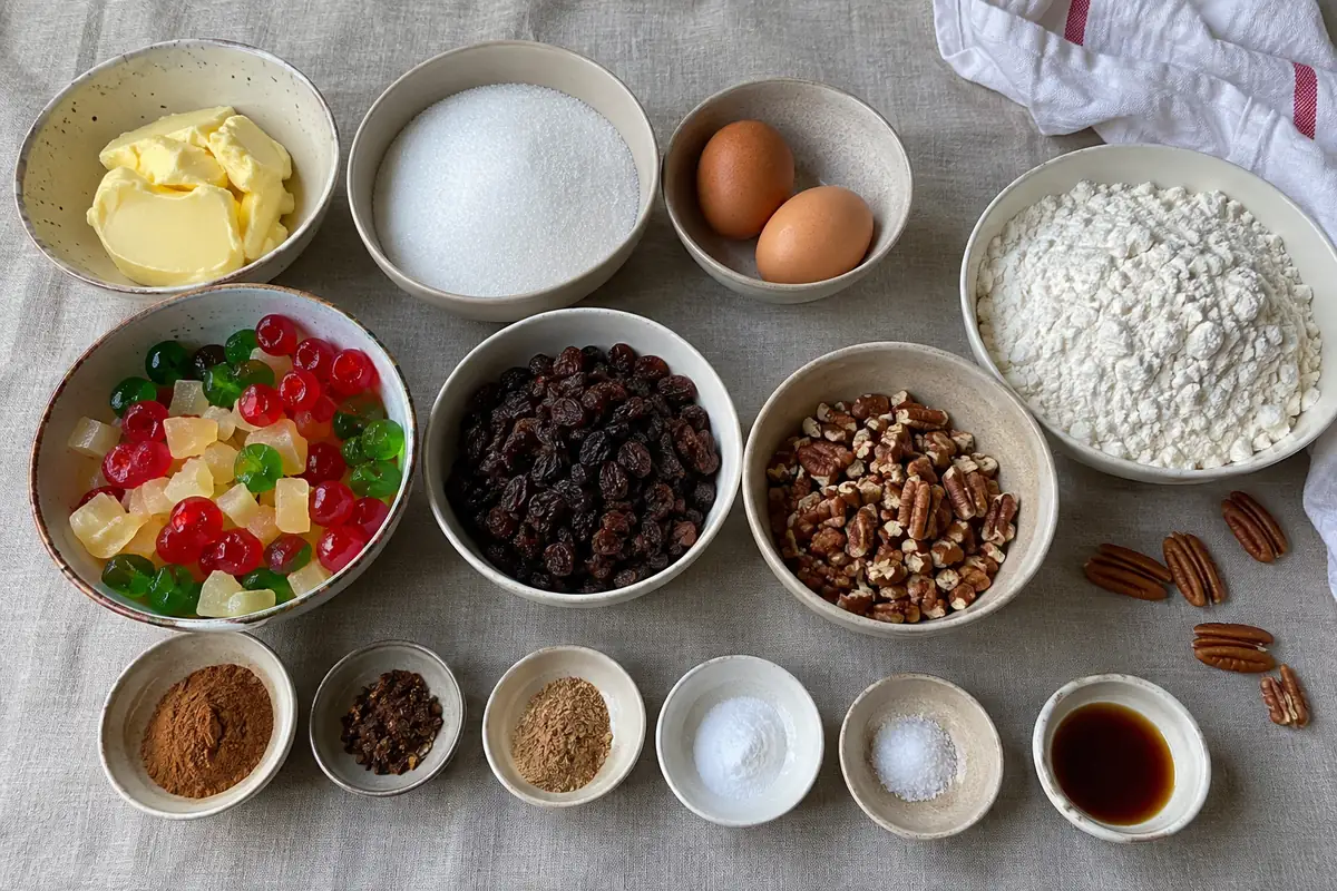 Old-Fashioned Fruitcake Cookies – ingredients with butter, white sugar, eggs, flour, spices, candied fruit, raisins and pecans