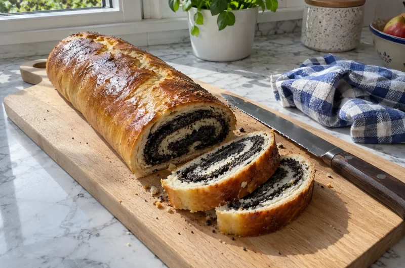 Czech Poppy Seed Roll – golden egg-washed poppy seed roll on a wooden board with two slices showing the dark swirl