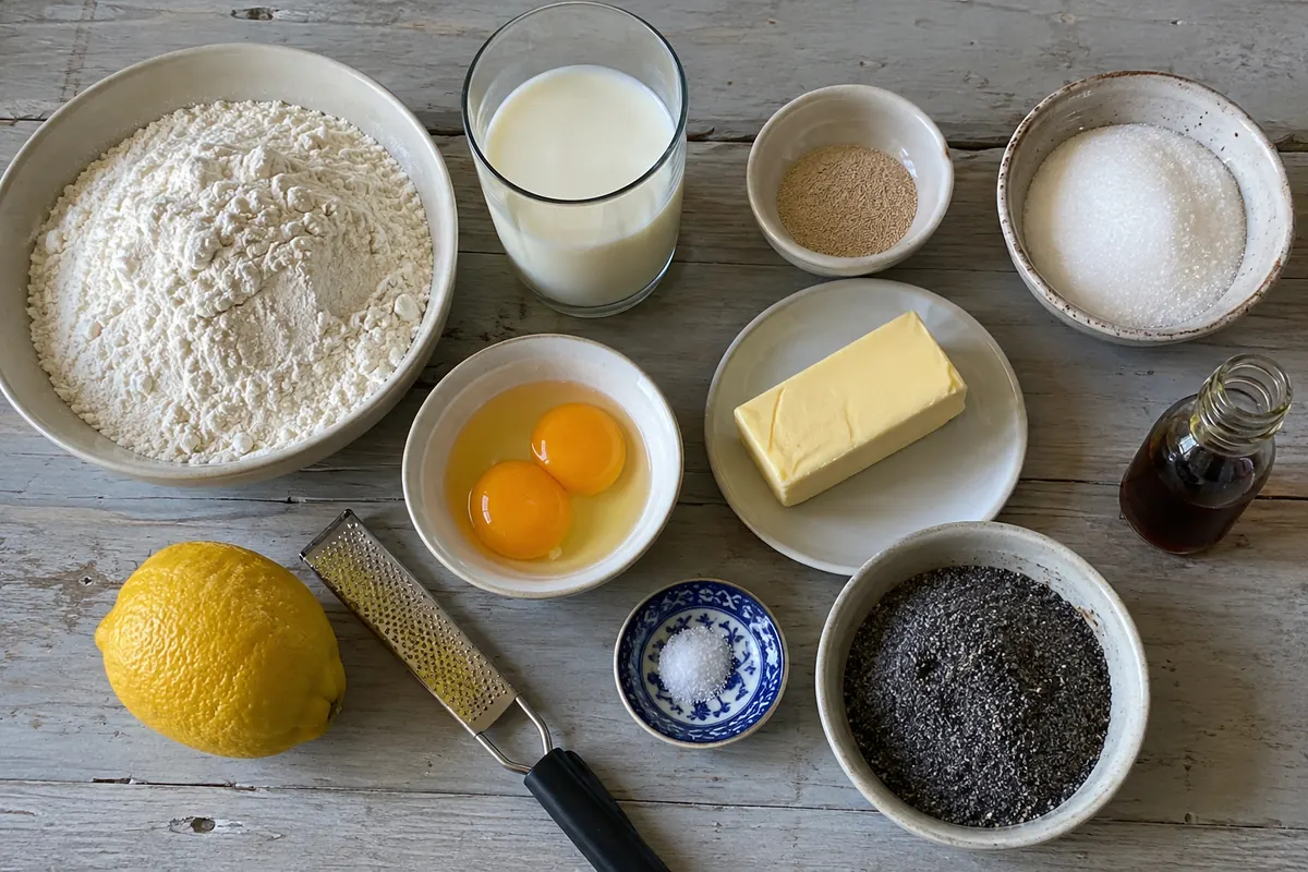 Czech Poppy Seed Roll – ingredients with flour, milk, yeast, white sugar, butter, egg yolks, lemon and ground poppy seeds