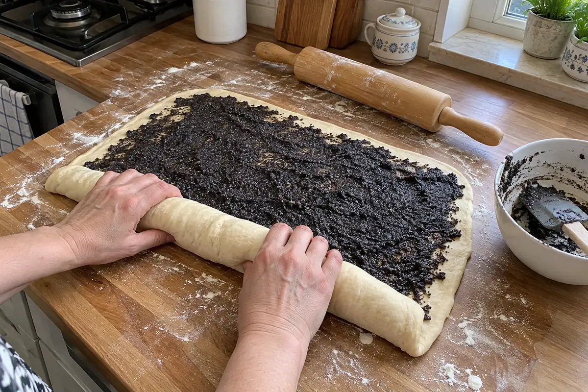 Czech Poppy Seed Roll – rolling the poppy seed filled dough into a tight log on a floured counter