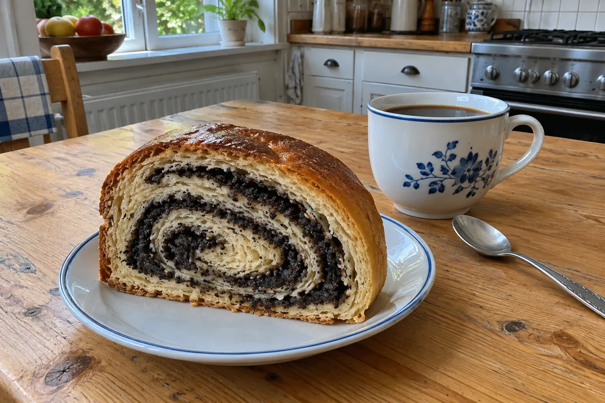 Czech Poppy Seed Roll – a single slice with a tight poppy seed spiral on a small plate next to a cup of coffee