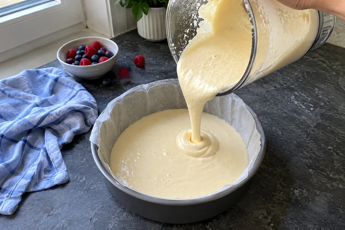 2-Ingredient Healthy Cheesecake – pouring blended cottage cheese and egg batter into a parchment-lined round pan