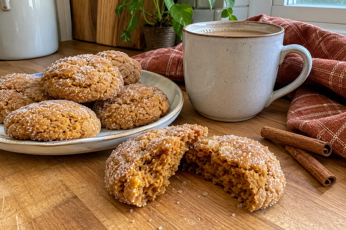 Pumpkin Sugar Cookies – a chewy pumpkin cookie broken in half showing the soft center beside a mug of chai
