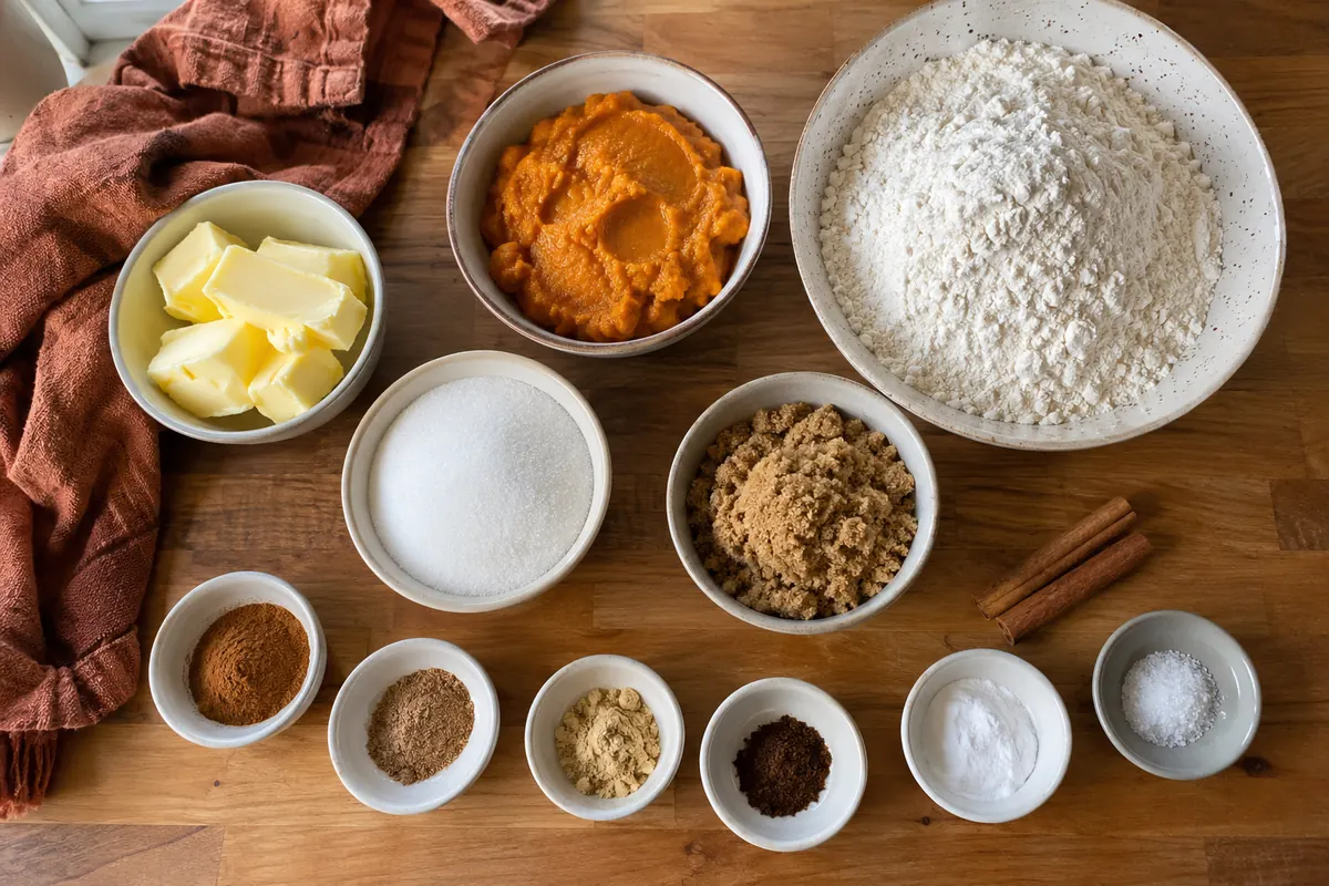 Pumpkin Sugar Cookies – ingredients for the cookies with flour, spices, butter, white sugar, brown sugar and pumpkin puree