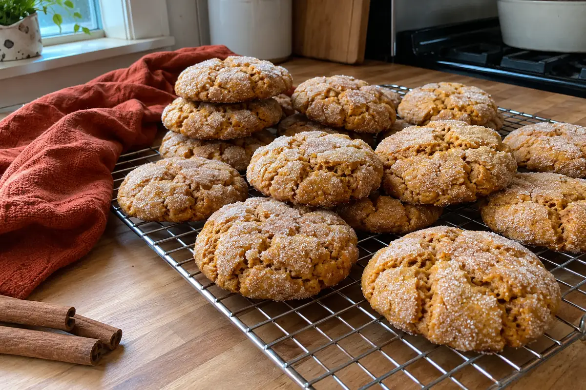 Pumpkin Sugar Cookies – soft crinkly spiced cookies rolled in white sugar stacked on a cooling rack