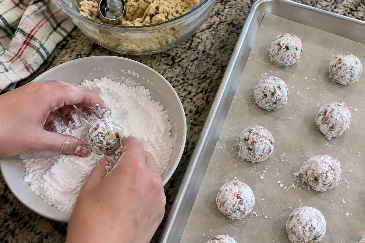 Christmas Gooey Butter Cookies – rolling sprinkle-studded dough balls in powdered sugar before baking