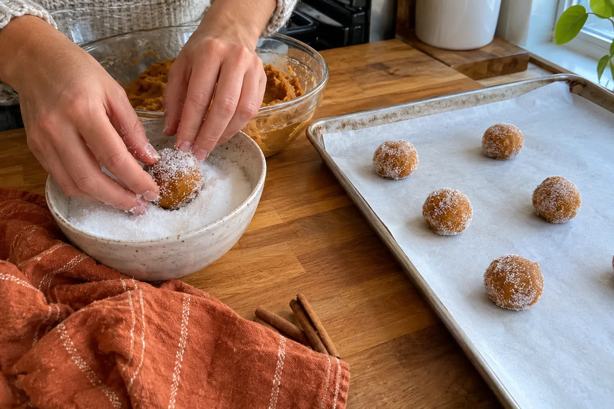 Pumpkin Sugar Cookies – rolling spiced pumpkin cookie dough balls in white sugar before baking