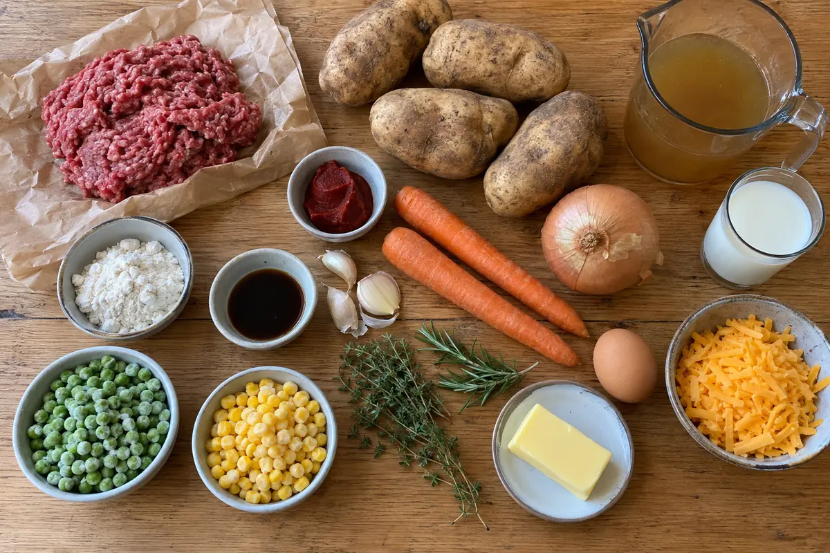 Ingredients for shepherd's pie: ground beef, potatoes, onion, carrots, peas, garlic, tomato paste, broth, butter and herbs