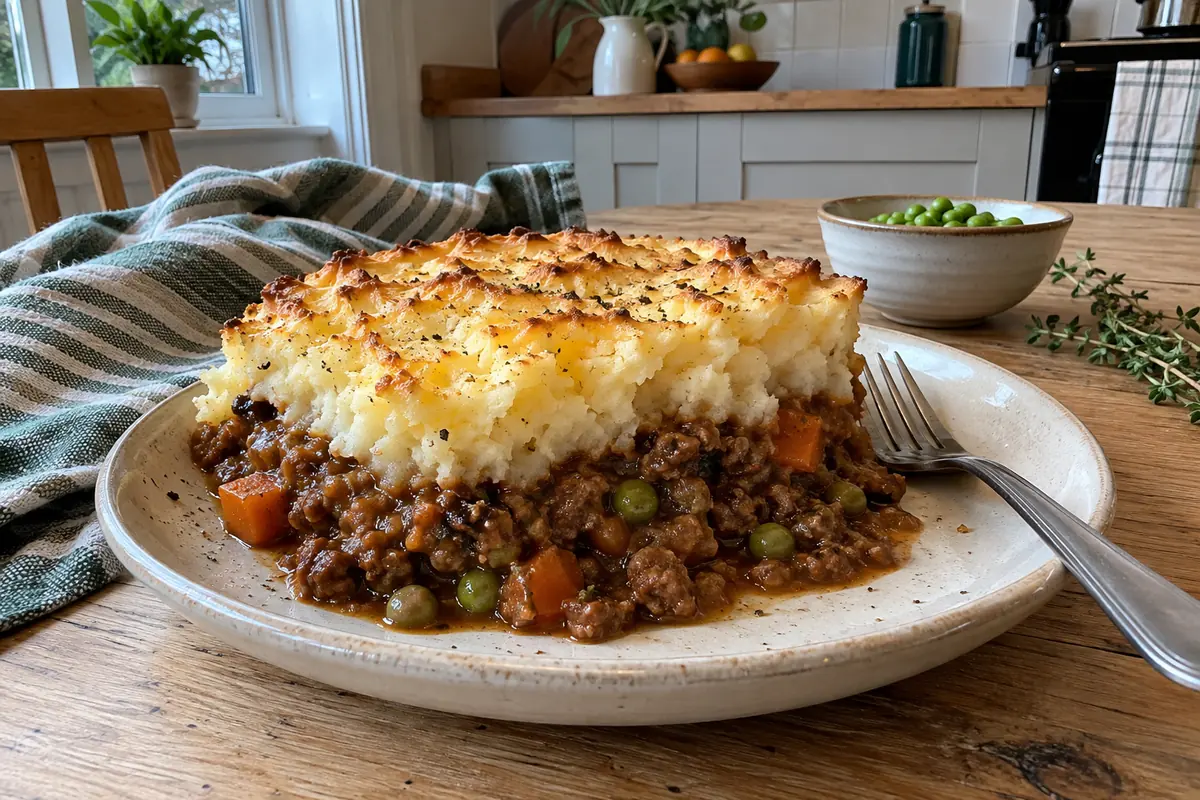 Serving of shepherd's pie showing the beef, carrot and pea filling under fluffy mashed potatoes
