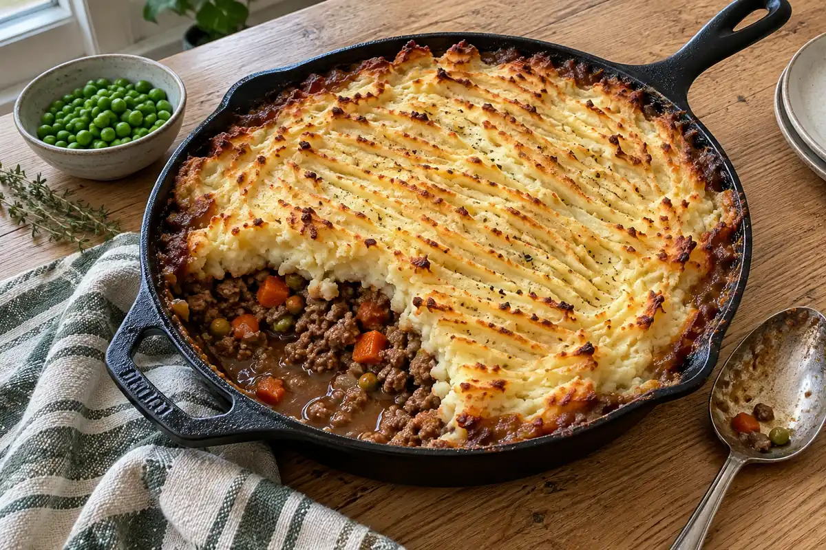 Classic shepherd's pie with golden mashed potato topping in a cast-iron skillet