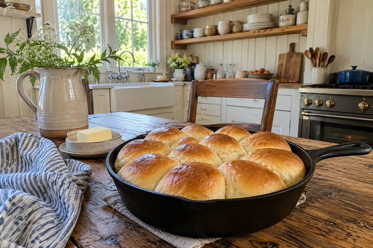 Soft skillet dinner rolls with golden buttery tops in a cast iron skillet on a wooden farmhouse table