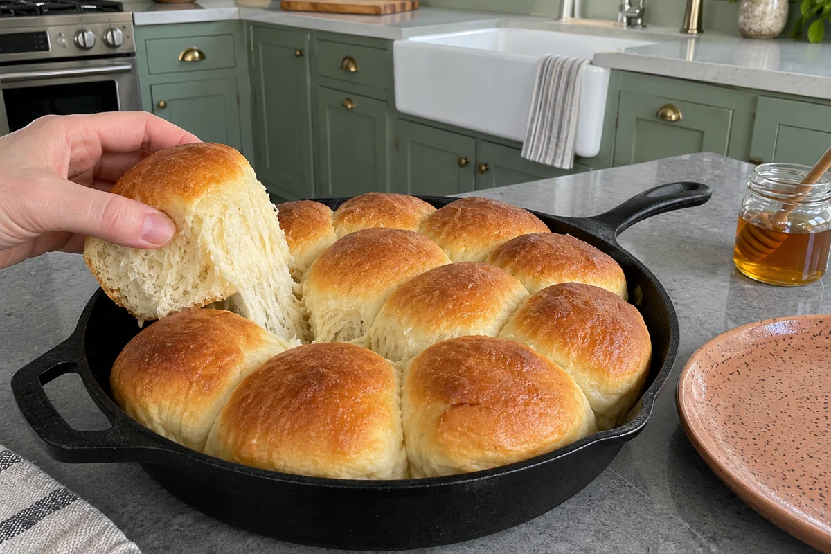 Hand pulling a fluffy dinner roll from a cast iron skillet showing the soft inside crumb