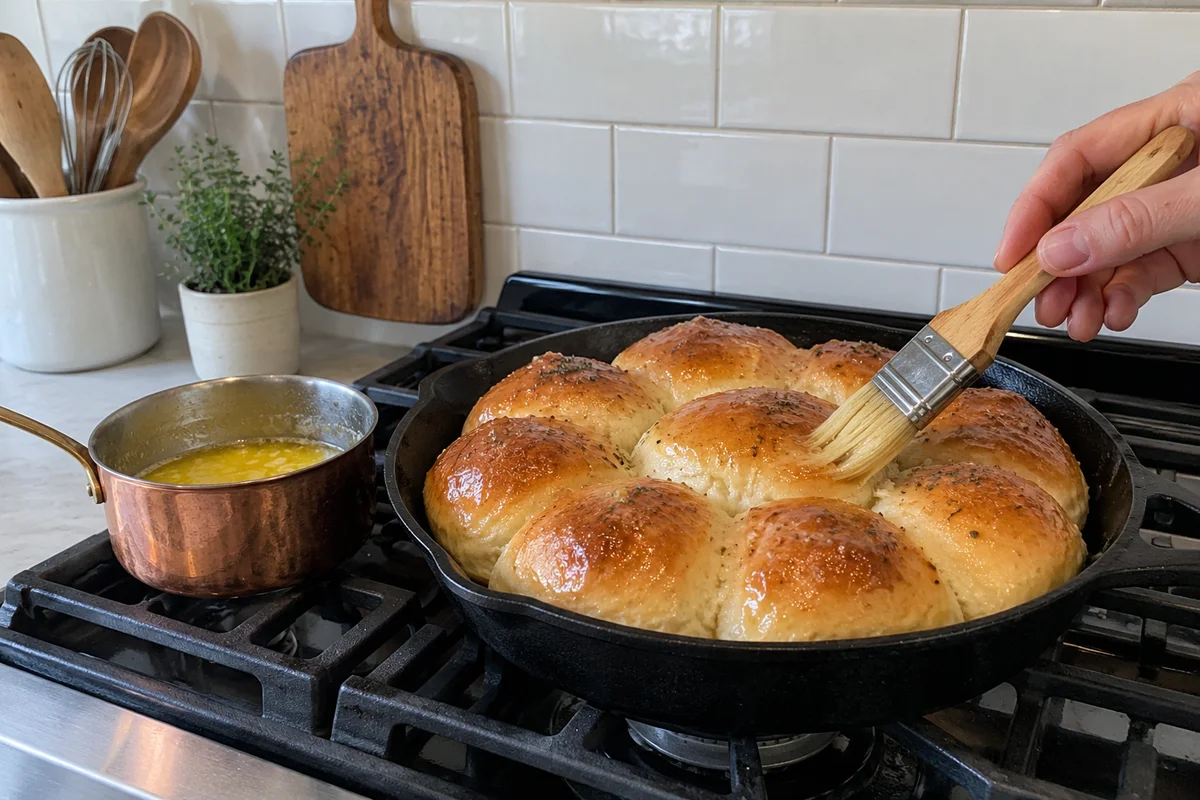 Brushing melted butter over golden baked dinner rolls in a cast iron skillet on a stovetop