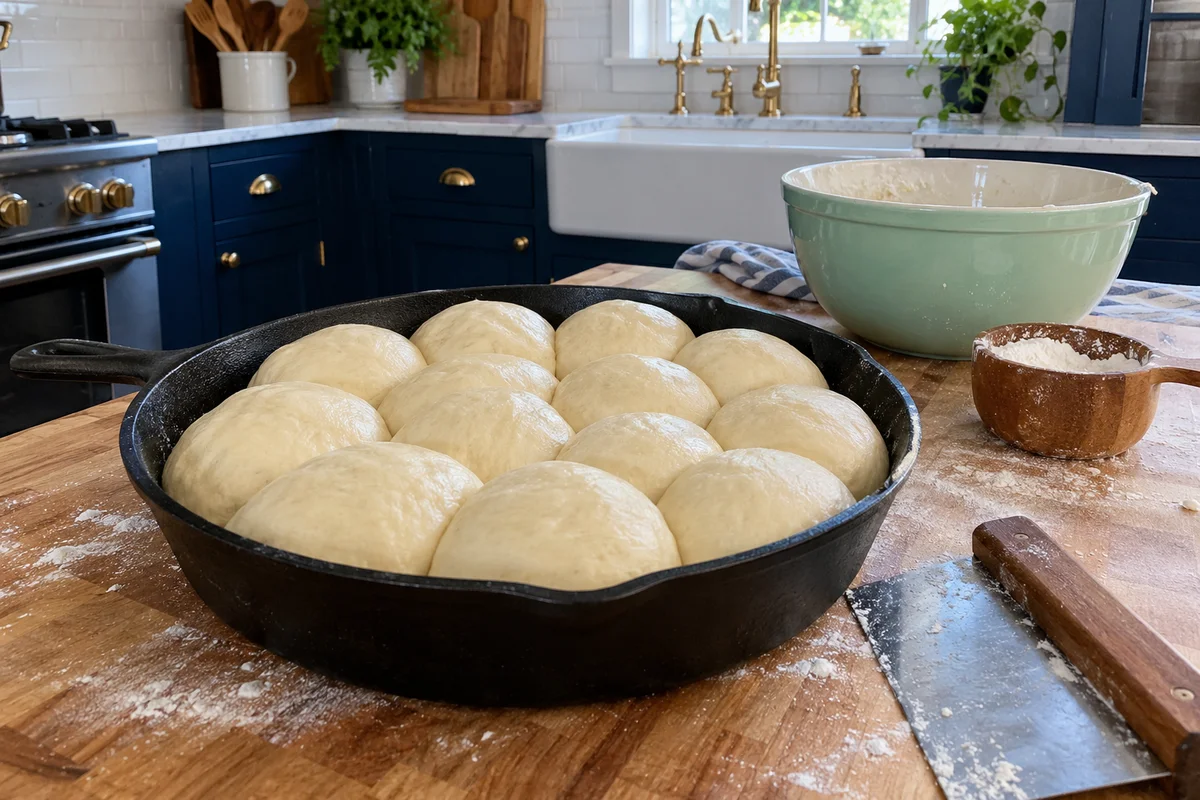 Twelve shaped dough balls rising in a buttered cast iron skillet beside a flour dusted counter