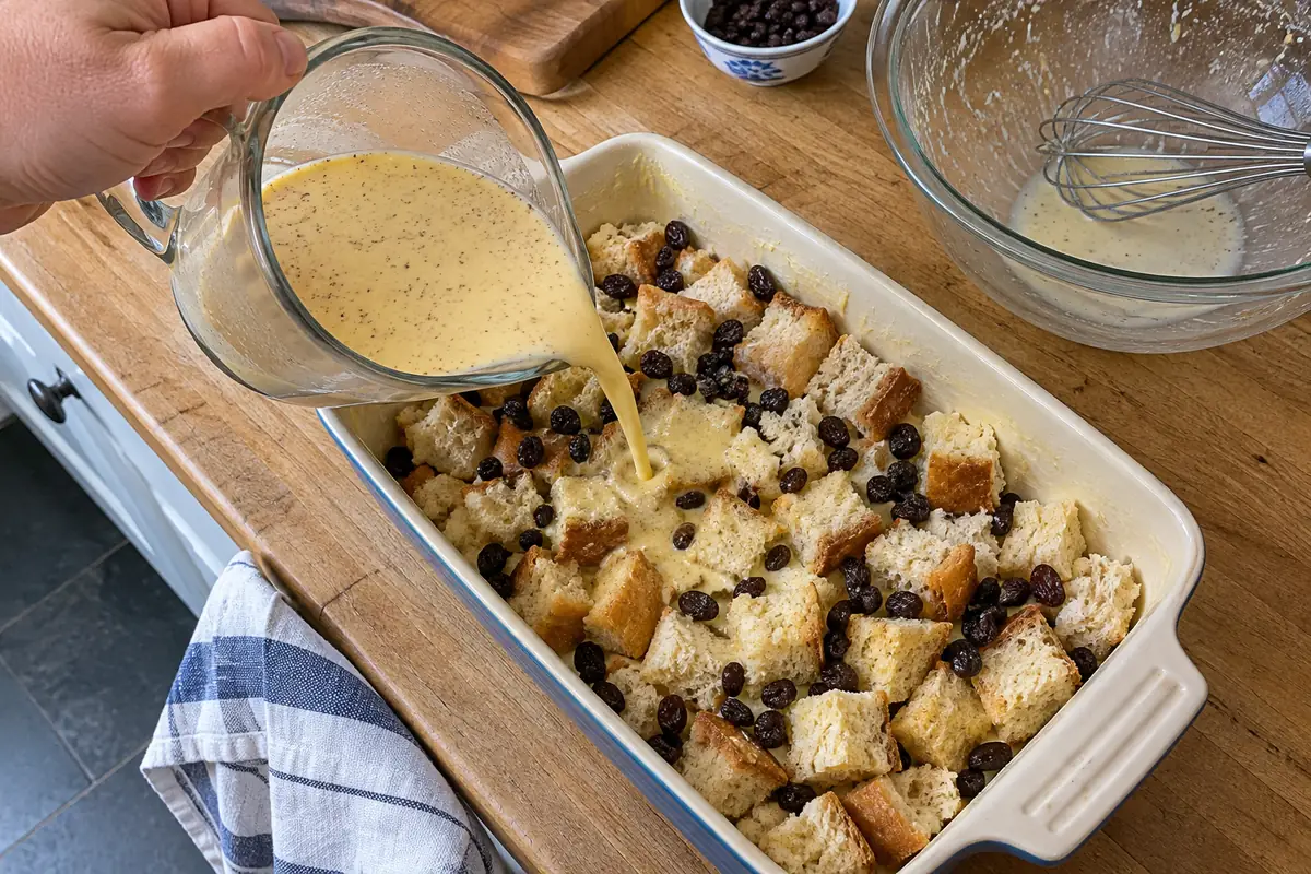 Old-Fashioned Bread Pudding – pouring cinnamon vanilla custard over cubed bread and raisins