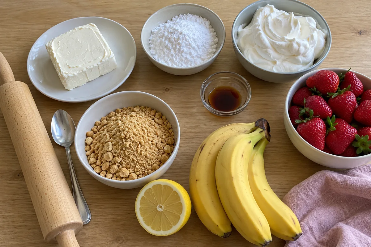 Strawberry Banana Cheesecake Salad - ingredients with cream cheese, powdered sugar, whipped topping, strawberries, bananas and a lemon