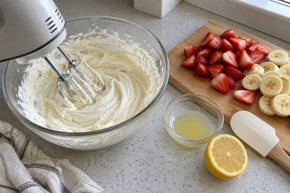 Strawberry Banana Cheesecake Salad - folding sliced strawberries and bananas into the cream cheese filling in a large mixing bowl