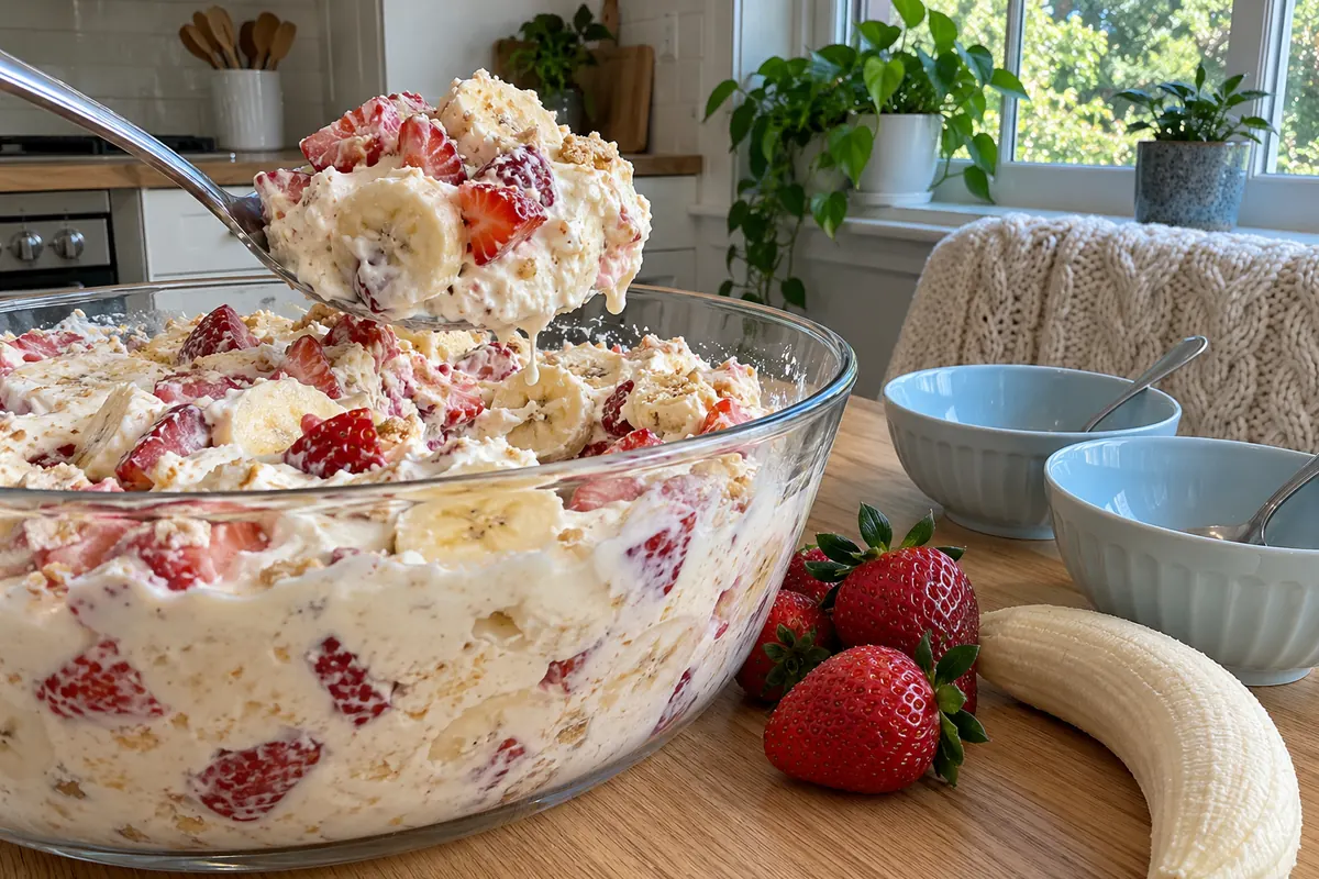 Strawberry Banana Cheesecake Salad - a spoon lifting a creamy scoop of the salad from a glass serving bowl with fresh berries nearby
