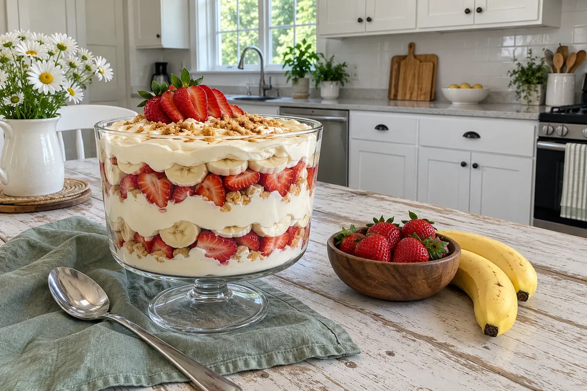Strawberry Banana Cheesecake Salad - a glass trifle bowl with layers of cheesecake filling, sliced strawberries and bananas on a bright kitchen table
