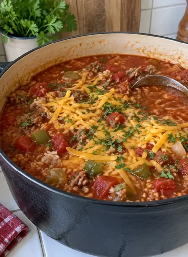 Stuffed Pepper Soup Recipe - a pot of stuffed pepper soup with ground beef, bell peppers, rice and melted cheddar with a ladle