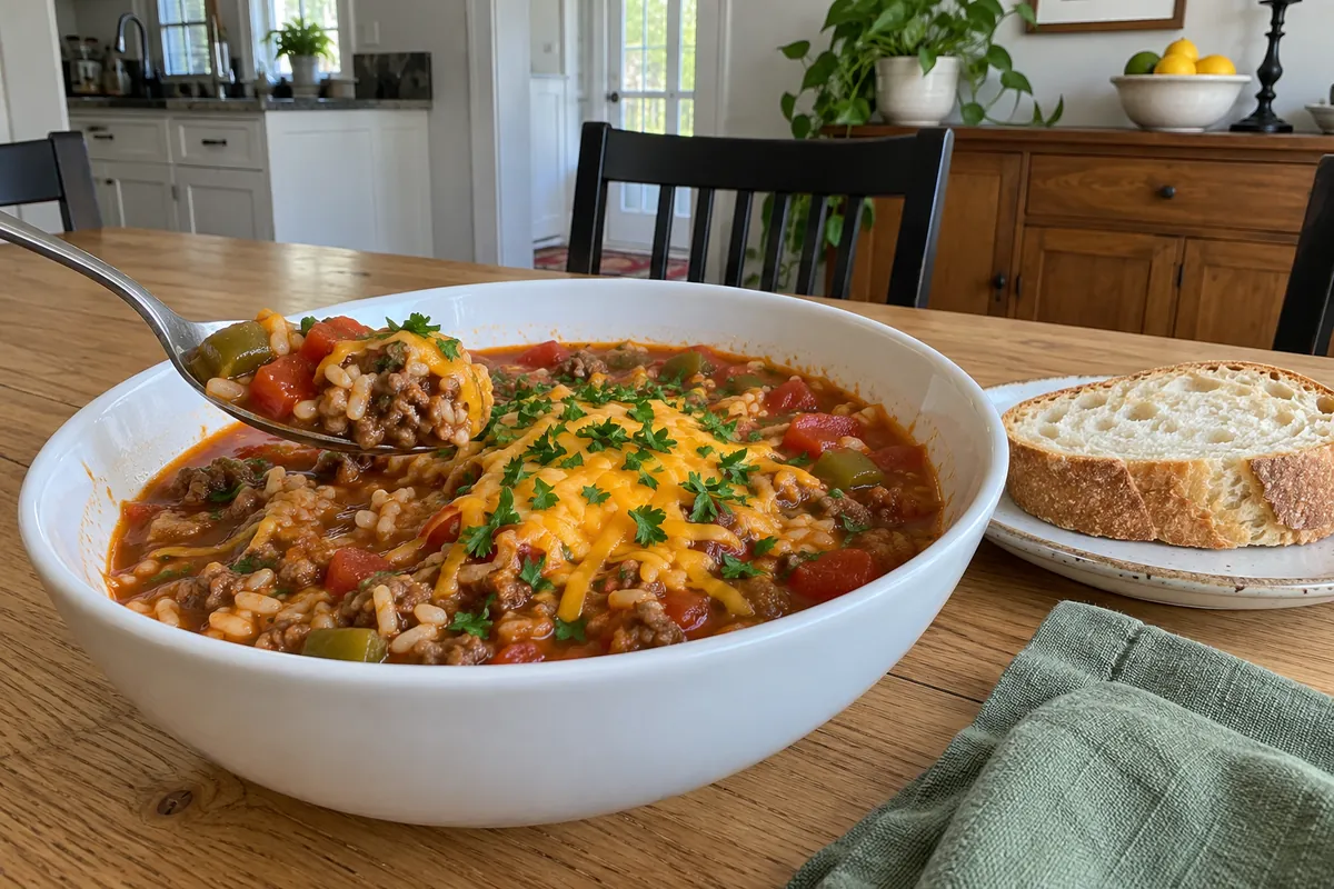 Stuffed Pepper Soup Recipe - a bowl of stuffed pepper soup topped with shredded cheddar and parsley with crusty bread