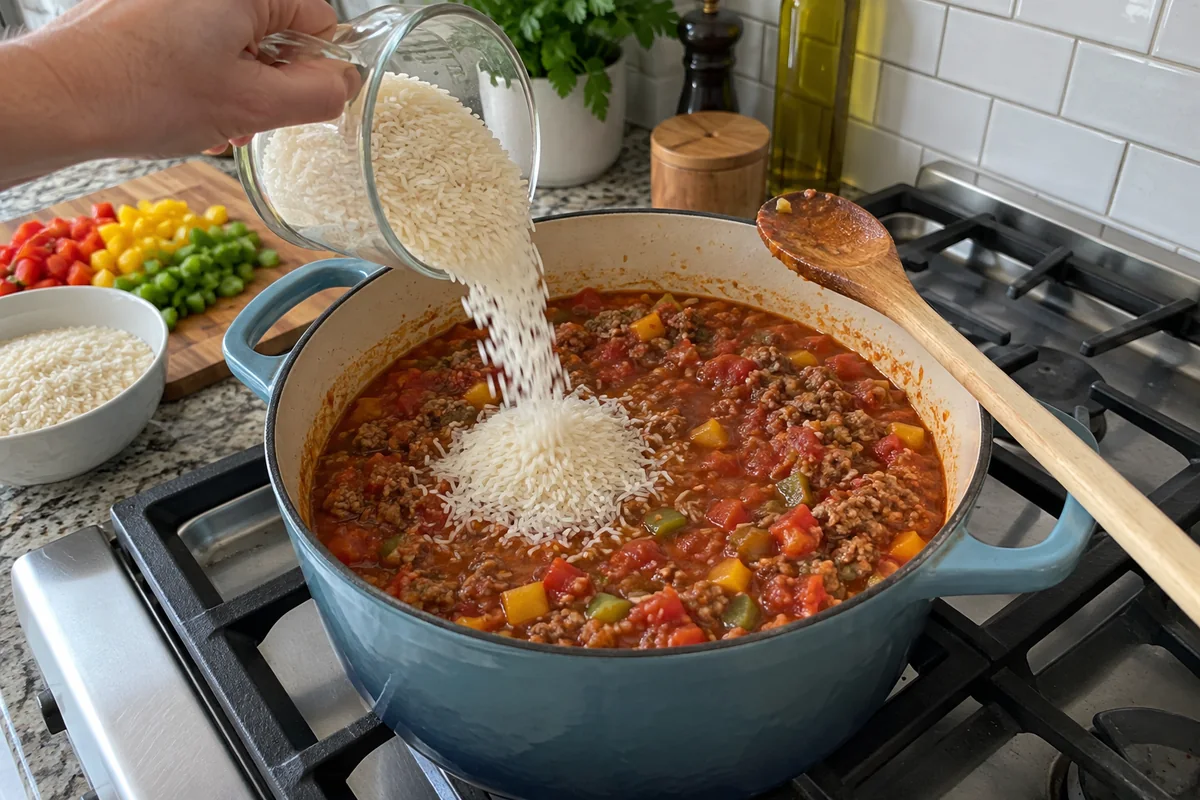 Stuffed Pepper Soup Recipe - stirring rice into the beef, pepper and tomato broth in a Dutch oven