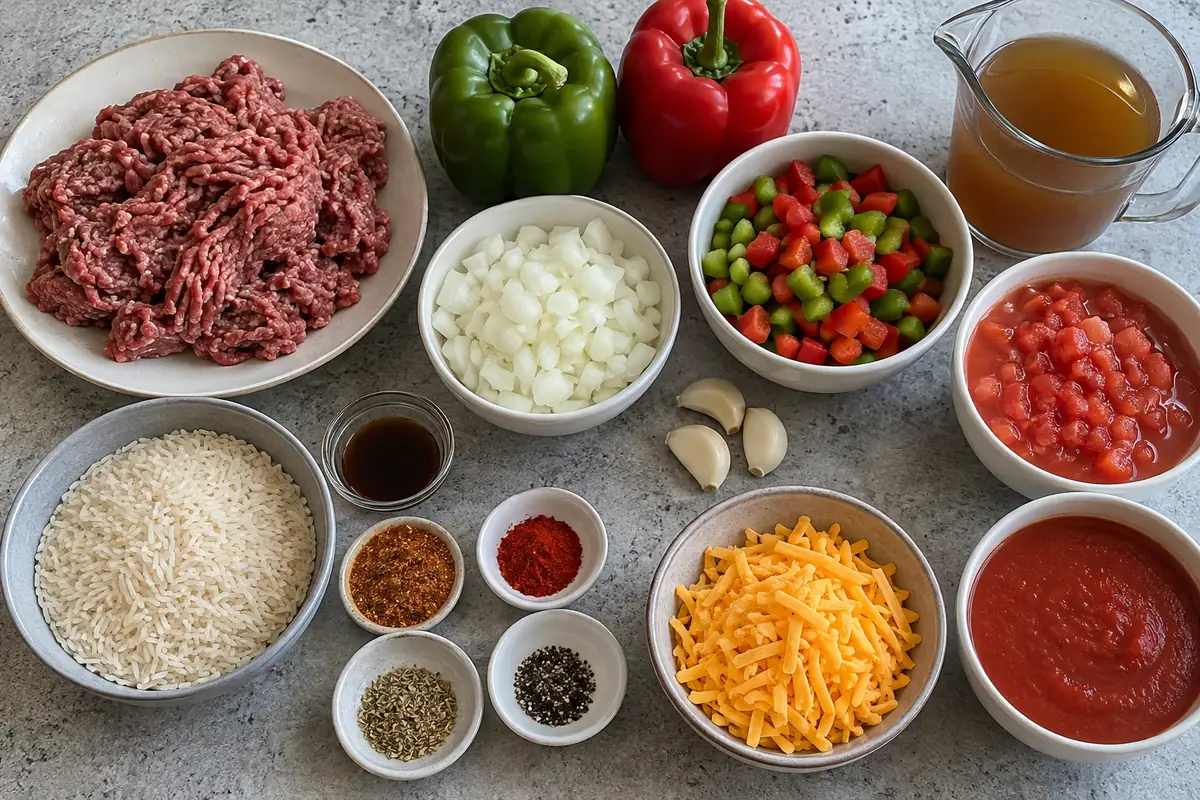Stuffed Pepper Soup Recipe - ingredients with ground beef, bell peppers, onion, garlic, tomatoes, broth, rice, spices and cheddar