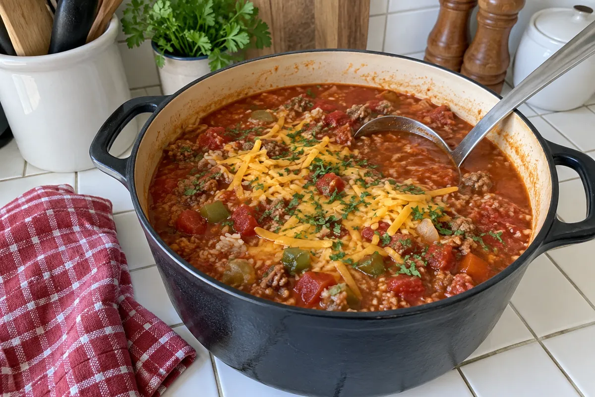 Stuffed Pepper Soup Recipe - a pot of stuffed pepper soup with ground beef, bell peppers, rice and melted cheddar with a ladle