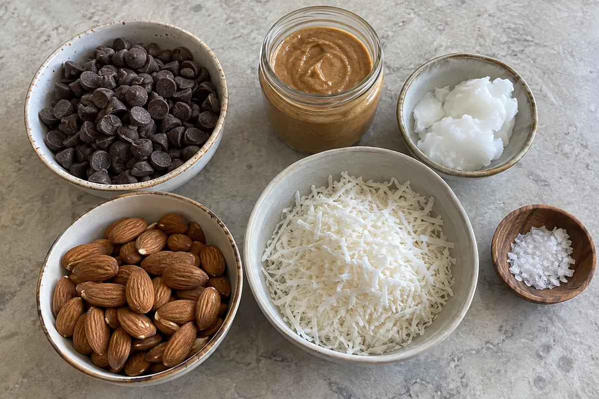 Ingredients for sugar free candy bars: sugar-free chocolate chips, almond butter, coconut oil, almonds and shredded coconut
