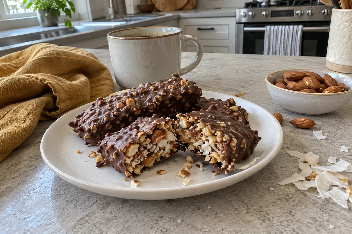 Sugar free candy bars cut into squares showing the crunchy almond and coconut inside