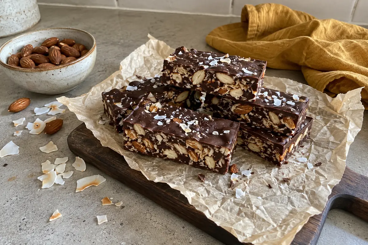 Homemade sugar free candy bars with chopped almonds and coconut stacked on parchment