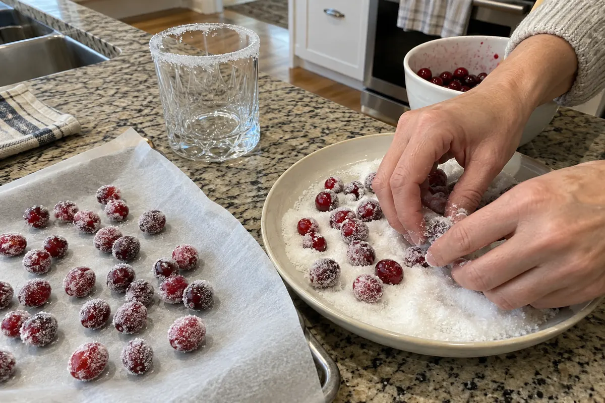 Christmas Mistletoe Margarita – rolling fresh cranberries in white sugar and rimming glasses for the garnish