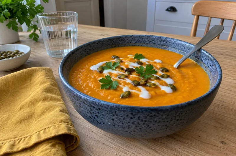 Sweet Potato Soup Recipe - a bowl of creamy roasted sweet potato soup with a coconut milk swirl, pumpkin seeds and parsley