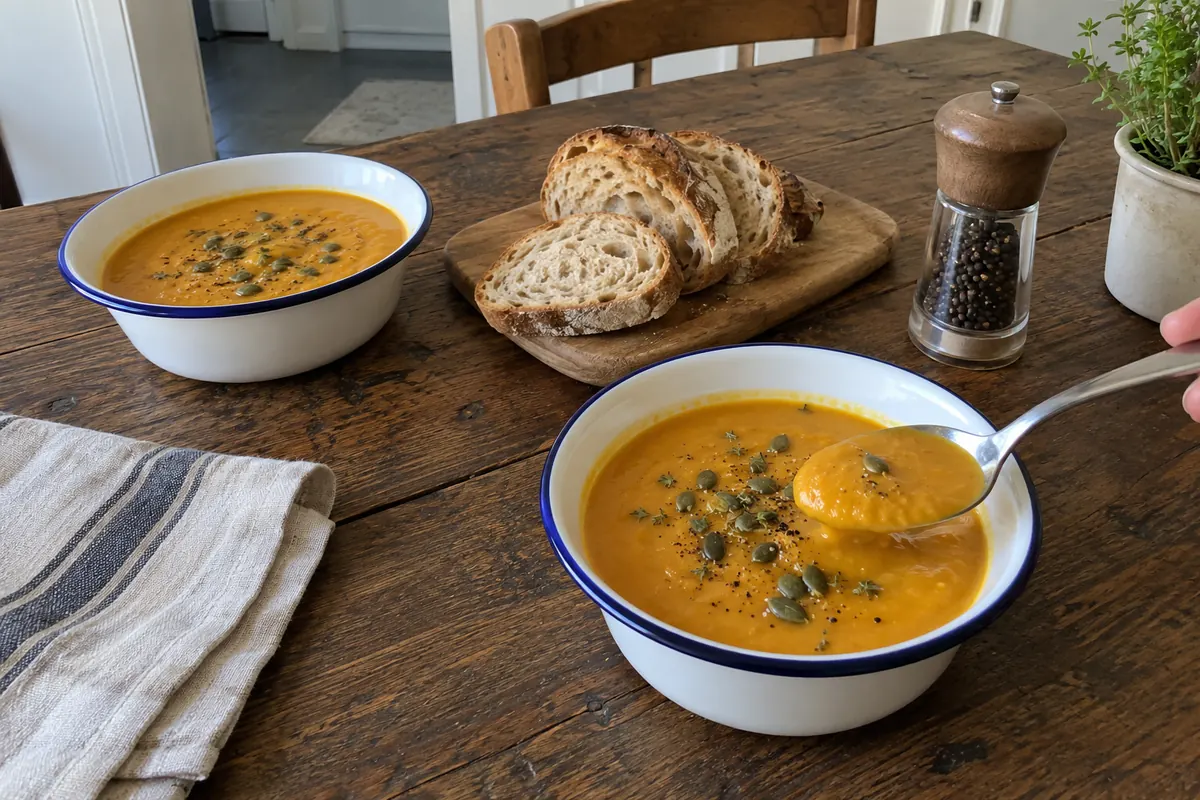 Sweet Potato Soup Recipe - two bowls of carrot sweet potato soup with crusty bread slices on a wooden table