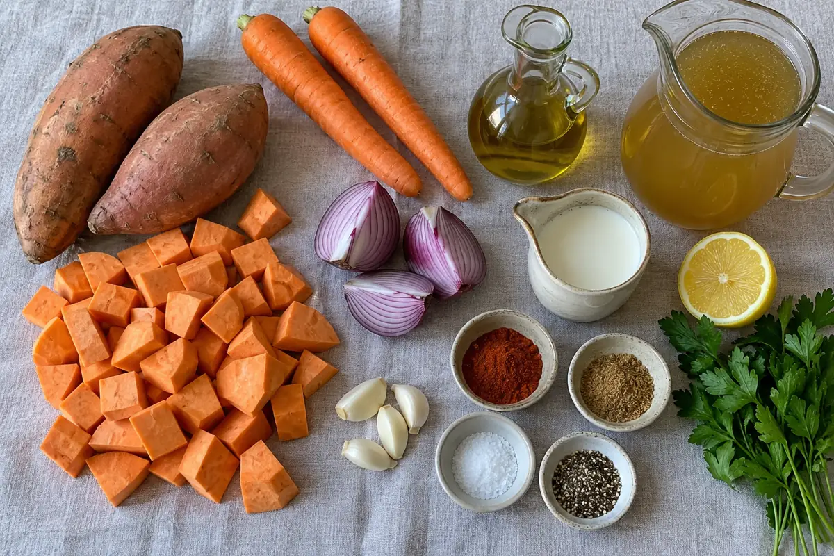 Sweet Potato Soup Recipe - ingredients with sweet potatoes, carrots, red onion, garlic, olive oil, broth, spices and cream