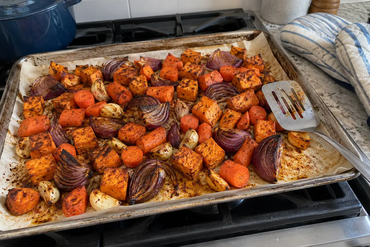 Sweet Potato Soup Recipe - caramelized sweet potatoes, carrots, red onion and garlic on a baking sheet