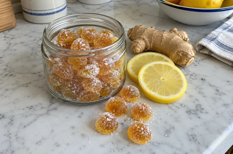 Honey Lemon Ginger Tea Bombs - glossy golden honey drops in a small glass jar with lemon slices and fresh ginger