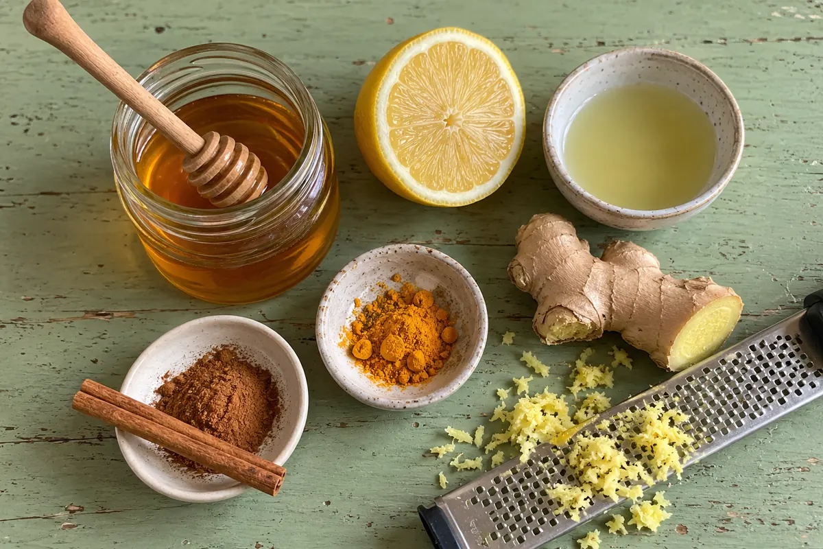 Honey Lemon Ginger Tea Bombs - ingredients with honey, lemon, fresh ginger, turmeric and cinnamon