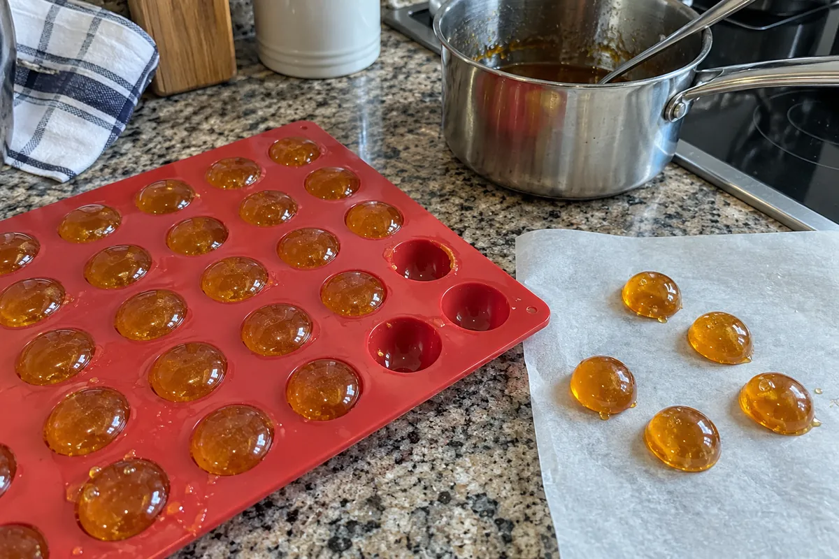 Honey Lemon Ginger Tea Bombs - hardened golden honey domes in a silicone mold