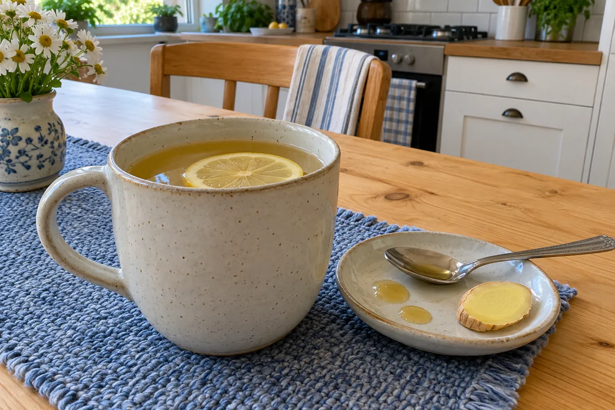 Honey Lemon Ginger Tea Bombs - a mug of honey lemon ginger tea with a lemon slice and two honey drops beside it