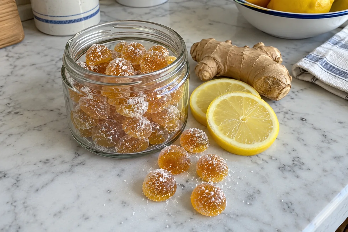 Honey Lemon Ginger Tea Bombs - glossy golden honey drops in a small glass jar with lemon slices and fresh ginger