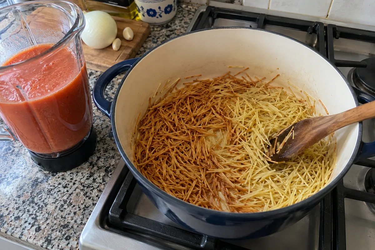 Chicken Fideo Soup – toasting thin fideo noodles in olive oil until golden in a pot