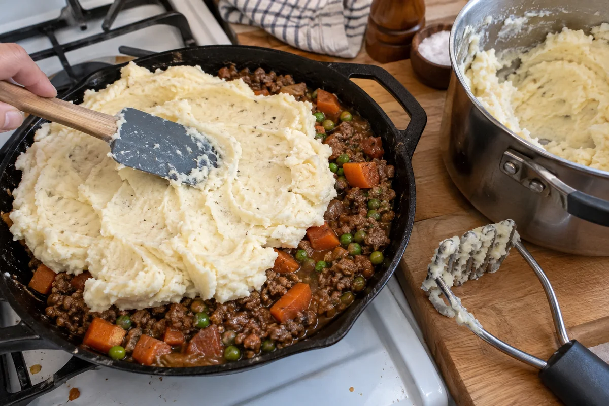 Spreading mashed potatoes over the meat filling for shepherd's pie